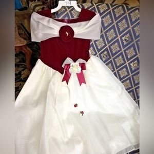 GIRLS 7/8 FORMAL GOWN-BARRETTE FORMAL WEDDING HOLIDAY Burgundy VELVET Ivory